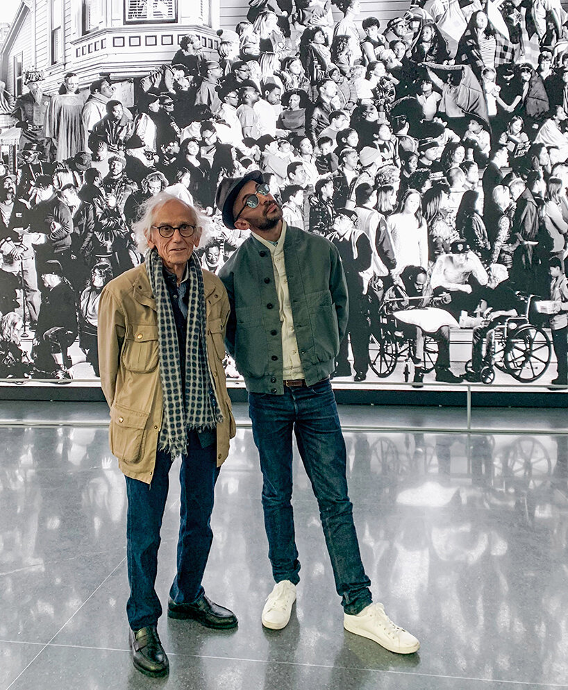 Christo and JR at the San Francisco Museum of Modern Art during the exhibition of JR's 'The Chronicles of San Francisco' San Francisco, May 2019. image courtesy Atelier JR © 2019 Atelier JR