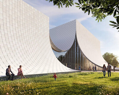 BIG drapes music hall in limestone curtains across croatia's slavonian landscape