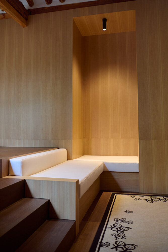     built-in seating is incorporated throughout the interior 