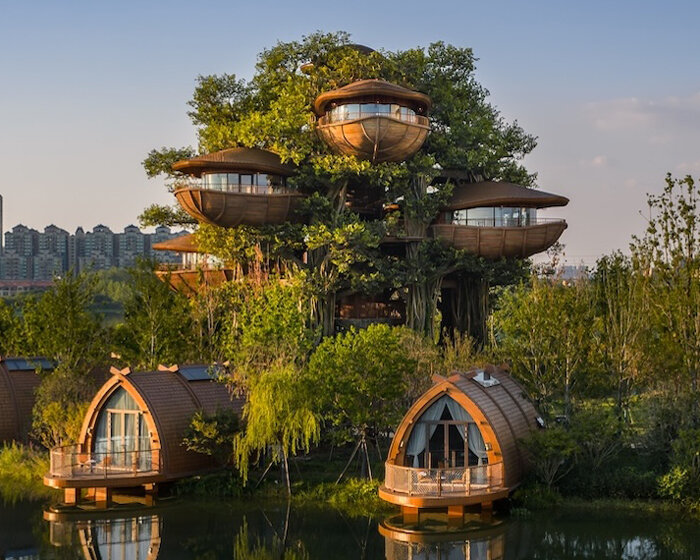 treehouses, boat houses, and pumpkin cottages scatter along wuhan’s lakeshore