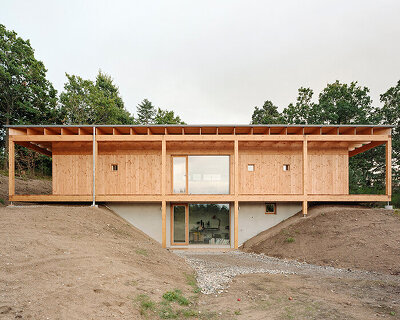 atrium-centered timber house unfolds under a sweeping roof in denmark's glacial landscape