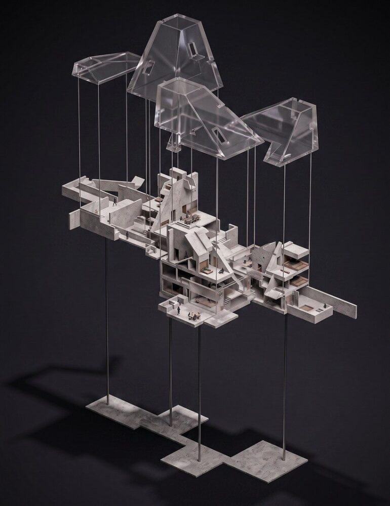 physical model showing the clustered volumes and terrain relationship | image courtesy of line+ studio