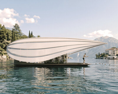 sculptural foldable roof shields white floating micro-home drifting across lake como