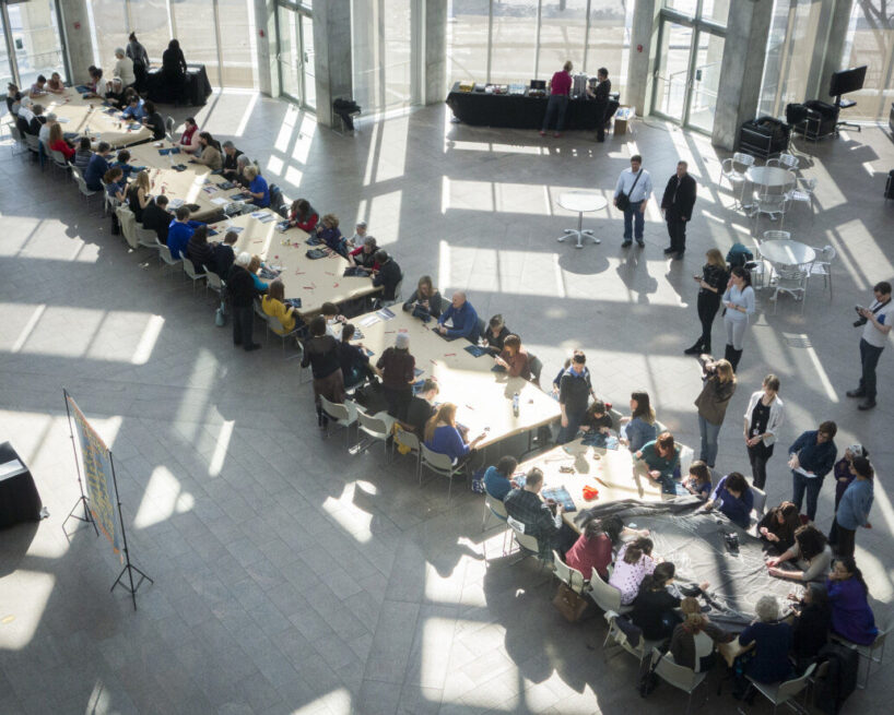 sewing circle at the National Gallery of Canada, Ottawa, in February 2015. parts of First Teachers Balance the Universe were sewn here. image by National Gallery of Canada