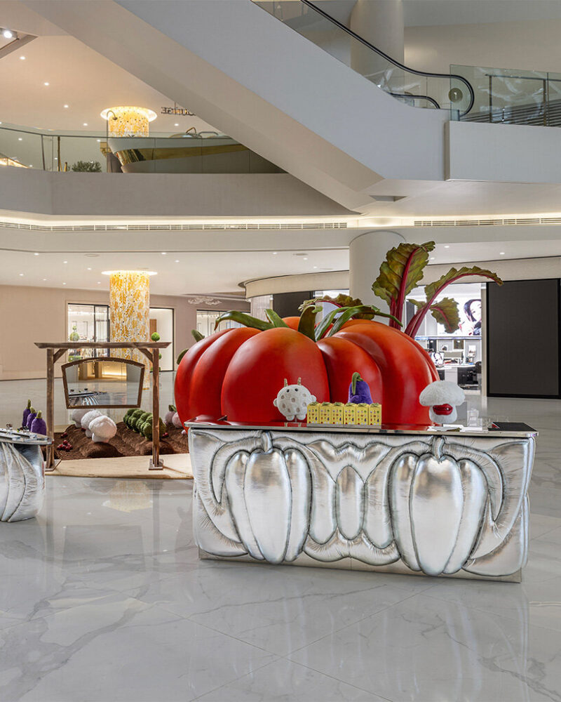 oversized vegetables fill gentle monster's veggie farm pop-ups
