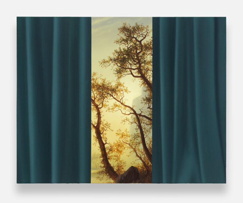 Valley Sunrise and Green Curtain (after Bierstadt)’, 2026, oil + acrylic on canvas, 32 x 40 inches
