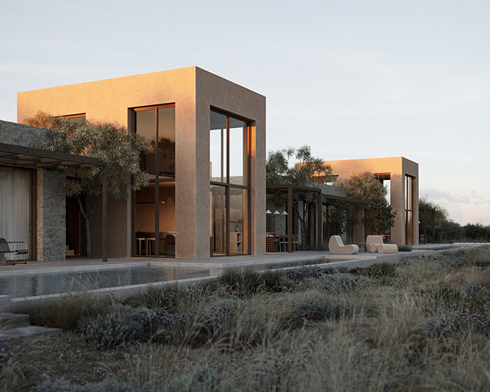 linear pergolas in warm tones outline a series of interconnected houses on a greek island