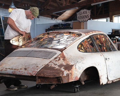what kind of afterlife can salvaged stained-glass give a burned-out porsche?