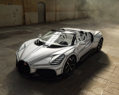 bugatti hand-paints digital linework across W16 mistral 'blanc éternel'
