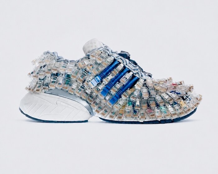 recycled cables transform this pair of adidas sneakers into a one-of-one design