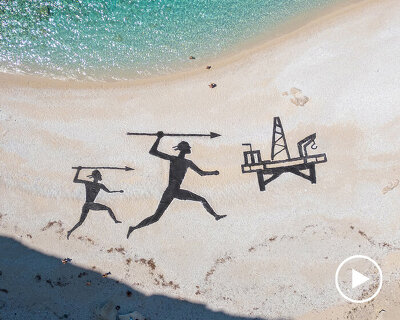 the krank turns greek beach into land art scene of ancient hunters and modern extraction