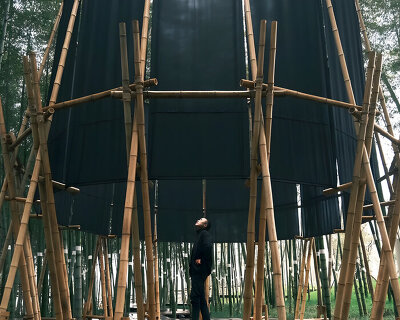 a black fabric veil hovers within a raw bamboo matrix in hubei's dense grove