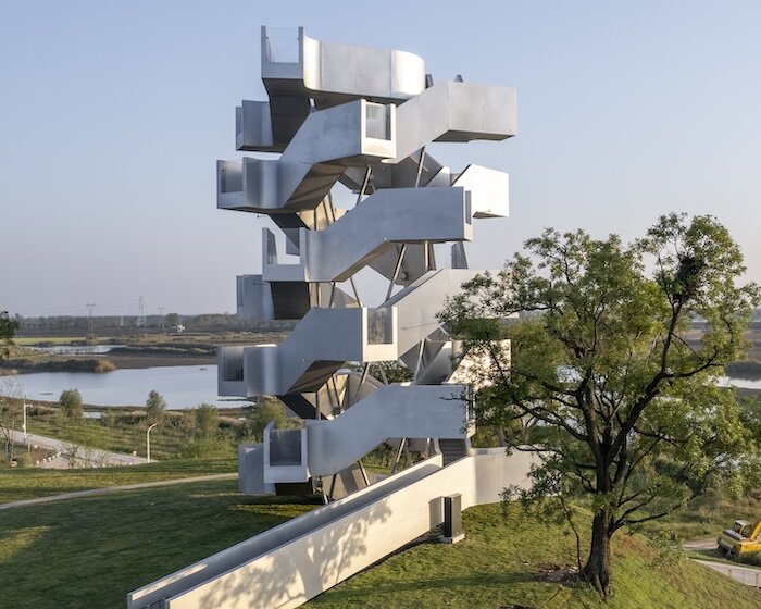double-helix stairs frame wetland views inside xiang architects’ wuhan observation tower