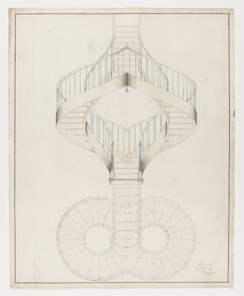 design for double curved staircase with blue balustrade, elevation at top and plan below, february 13, 1883