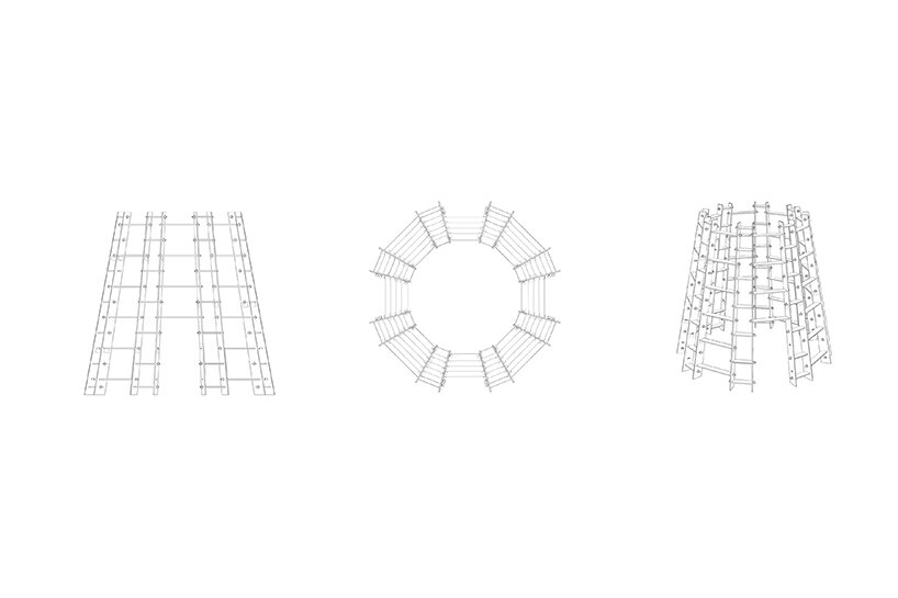 structural drawings showing the modular arrangement of the timber frame and the radial organization