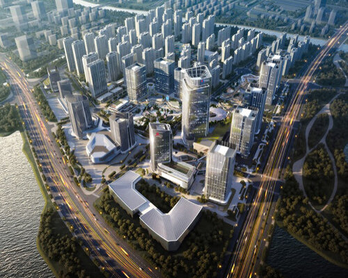 rippling glass facades and mountain-high towers shape urban district by AECOM in shaoxing