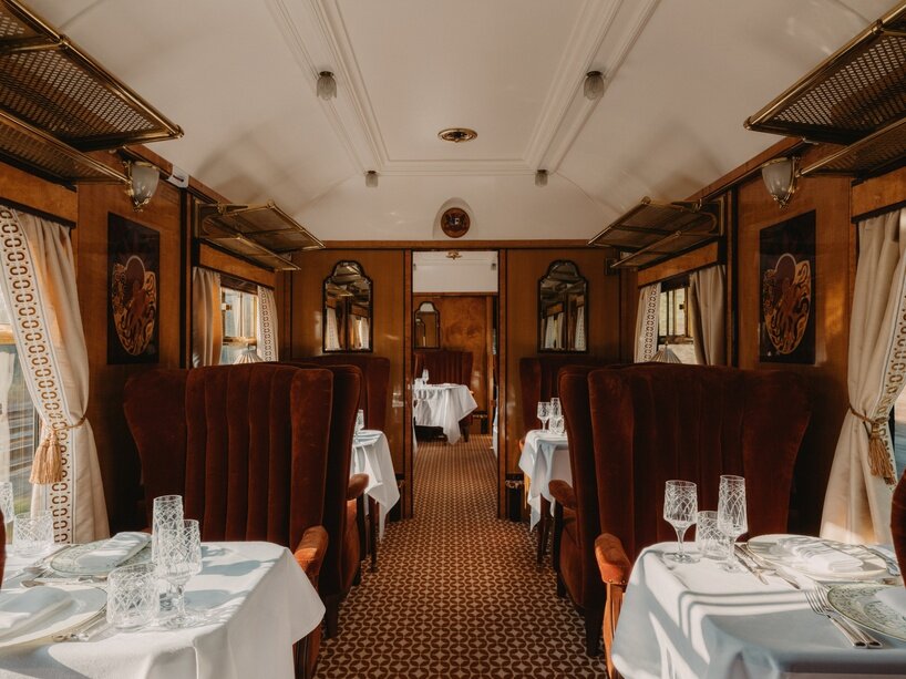 inside the portion of the Belmond train, the British Pullman, designed by Wes Anderson | image © Mark Fox