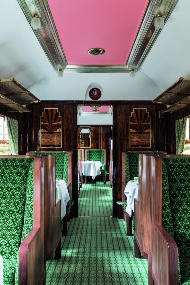 inside the portion of the Belmond train, the British Pullman, designed by Wes Anderson | image © Oli Douglas