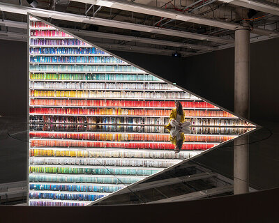 es devlin’s infinite library rotates with more than 2,000 books in london