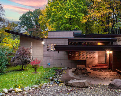 frank lloyd wright’s concrete usonian house with cantilevered roof hits the market
