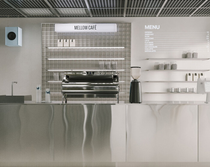 suspended metal grid ceiling meets translucent and reflective surfaces inside french café