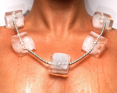 silver bead necklace comes with seven ice cubes that sweat, shrink and eventually vanish