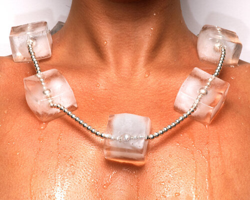 silver bead necklace comes with seven ice cubes that sweat, shrink and eventually vanish