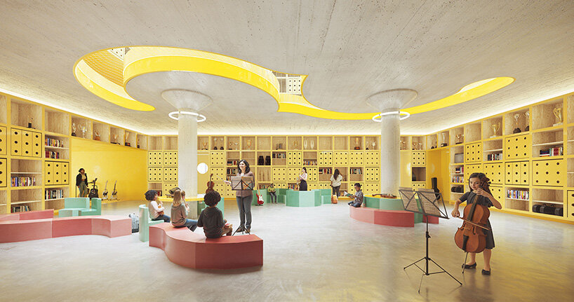 Students practice instruments and gather in a circular music library with yellow shelving, colorful seating, and a looping yellow ceiling feature