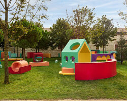 chromatic pavilions and modular play structures activate historic istanbul rami library