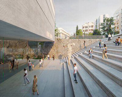 rammed concrete cube and terraced gardens define sunken art center proposal in bulgaria