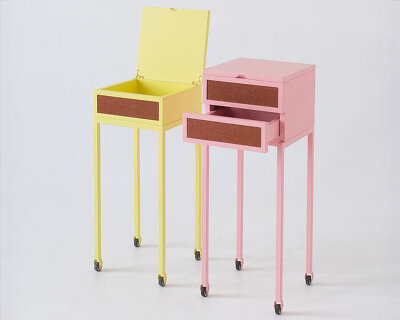 wheeled pencil cabinet’s yellow and pink drawers draw from armenian volcanic stone heritage