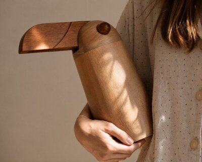 crafted from dual-tone solid oak, TUPI lamp by estudio gris resembles bird at rest